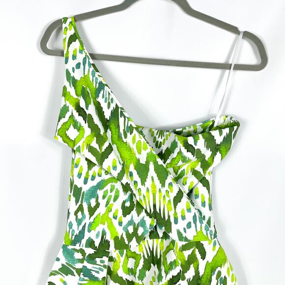 Chiara Boni‎ Chaz Dress Green White Print Sheath One Shoulder Peplum Sz 4 - Picture 5 of 11